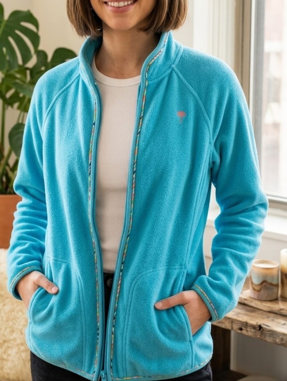 Lilly Pulitzer Maddie Bright Blue Turquoise Fleece Full-Zip Jacket Size Medium